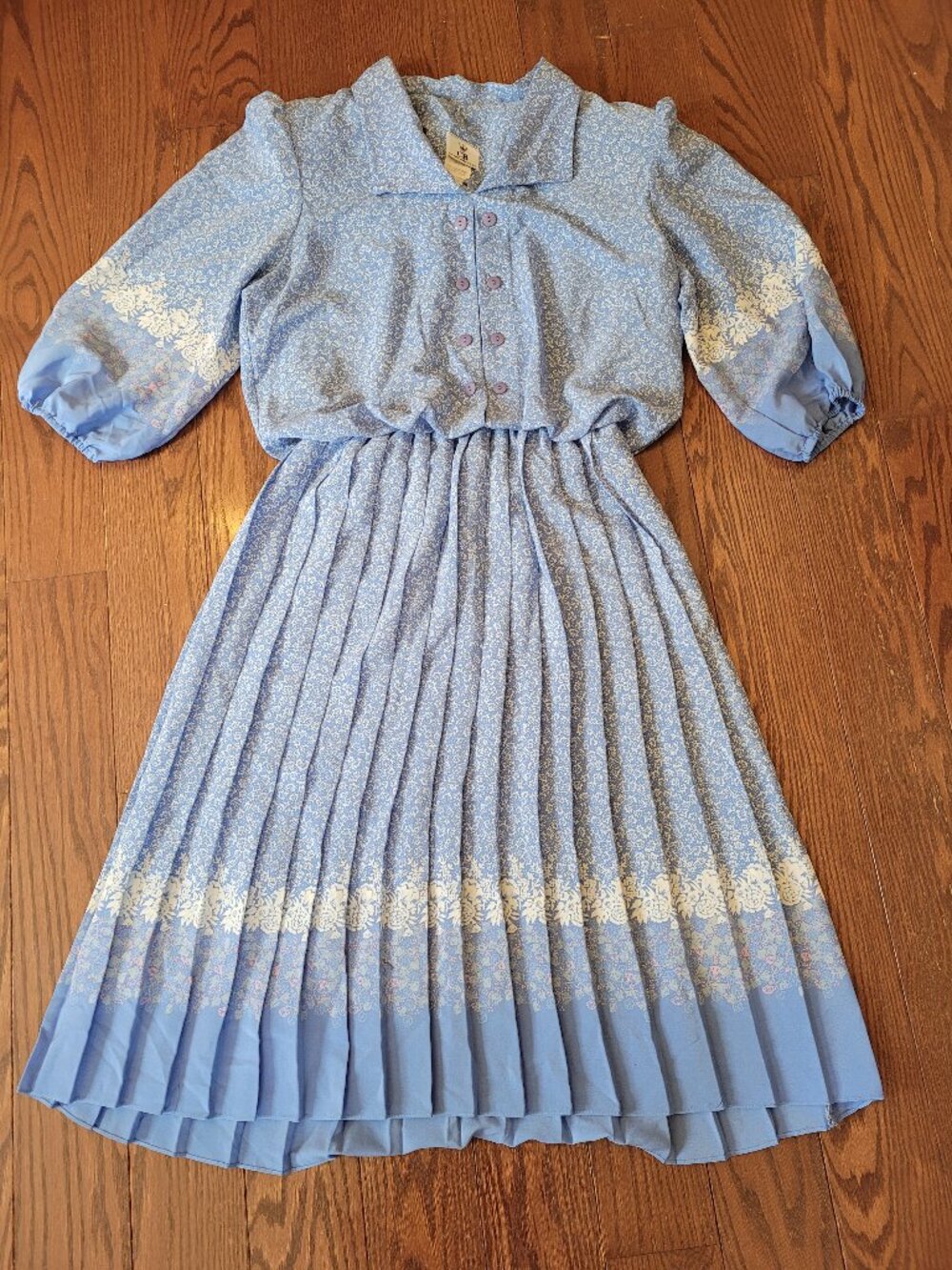 VIG CB Blue Floral Dress Women Sz 12 Maxi Cottagecore Puff Sleeve Button Retro